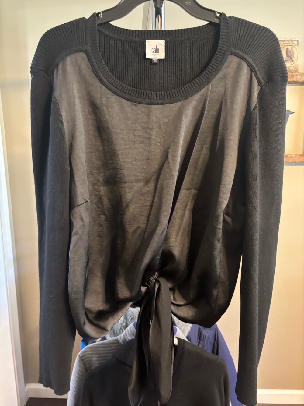 CAbi Black Tie-Front Long Sleeve Top with Ribbed Shoulders